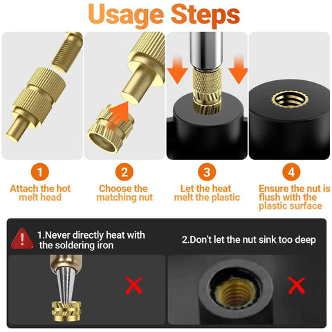 Usage steps for All In One Heat Set Threaded Inserts Kit With 300Pcs M2 M3 M4 M5 M6 M8 Inserts 100W Digital Soldering Iron Stand And Tweezers
