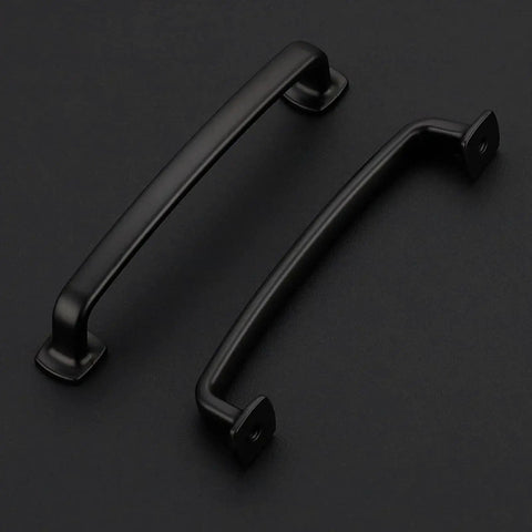 Set Of 10 Matte Black 5 Inch Arch Pulls With Curved Flat Square Design Solid Zinc Alloy Construction Cabinet Handles on black background