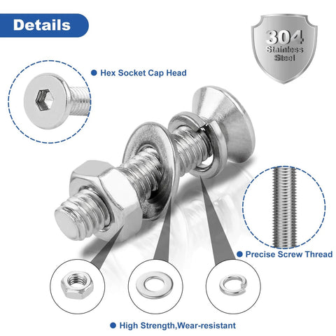 M6 Flat Head Hex Socket Cap Screws Set, 206 Piece All In One Kit With Nuts, Washers, And Allen Wrench, 304 Stainless Steel, Fully Threaded