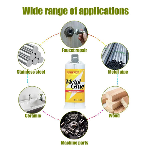 Liquid Metal Glue Epoxy Adhesive For Heavy Duty Bonding Waterproof Metal Repair And Restoration Of Aluminum, Steel, Iron, Wood Filler And Plastic 1.76 Oz shown with diverse applications including faucet repair, metal pipe, and machine parts.