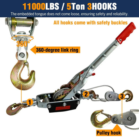 5 Ton Come Along Winch With Dual Gear Ratchet For Vehicle Recovery 12ft Cable with hooks and ratchet mechanism visible