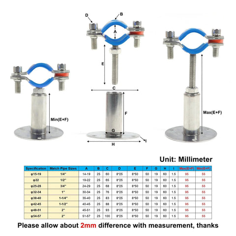 Diagram showing Four Pack 304 Stainless Steel Wall and Ceiling Pipe Mount Brackets With Adjustable Height From 50 To 100 Mm Fits Three Quarter Inch Outer Diameter Pipes 25 To 28 Mm Includes Adjustable Pipe Strap Clamps With Screws And Silica Gel Pad By Kodilin.