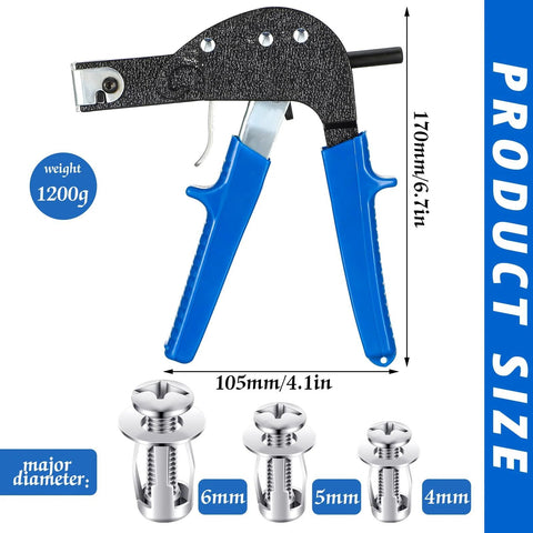 Expansion Screw Petal Nut And Metal Setting Tool Set With 46 Pieces Including 45 Petal Shaped Nuts In Three Sizes, Each Size 15 Pieces, And One Wall Anchor Gun For Hollow Walls Plasterboard Drywall Pressboard Hardboard Steel Zinc Plate showing wall anchor gun and petal nuts.