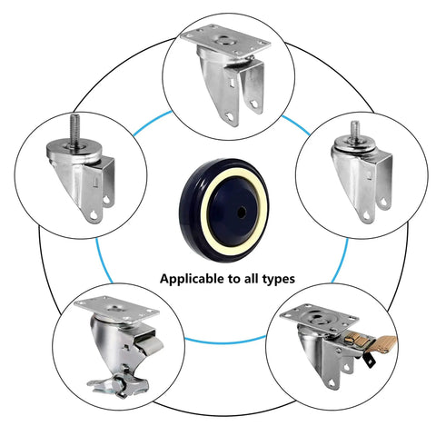 4 Inch Polyurethane Shopping Cart Wheels Pack Of Four With Stepped And Full Tread Face And Double Ball Bearing, diagram showing suitability for multiple mount types.