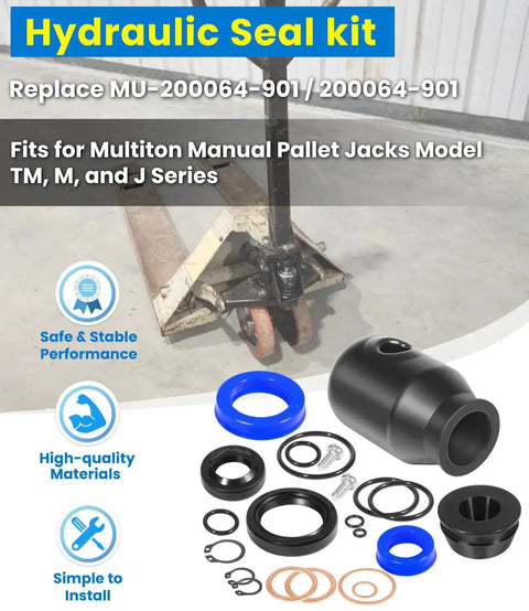 Universal Hydraulic Seal Kit For Manual Pallet Jacks TM M And J Series Replacement Set MU200064901 with seals and gaskets shown