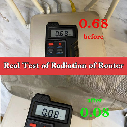 WiFi Router Cover by Amazon, 14x15.5 in; radiation shielding test showing 0.68 before and 0.08 after.