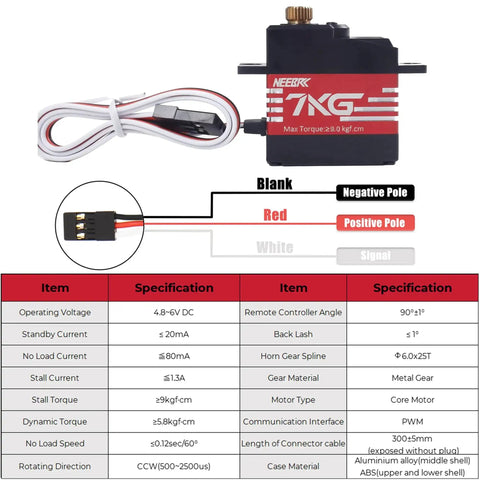 Beefy 7Kg Digital RC Servo With Full Metal Gear Ultra Durable High Torque Micro Servo 25T Arm Included Specifications
