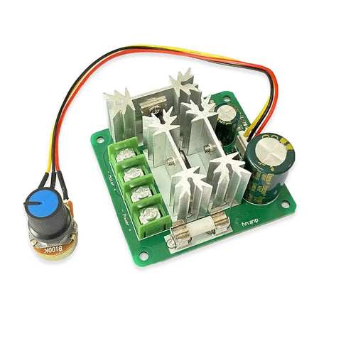 Close-up of a Two Pack DC Motor Speed Controller 6V To 90V PWM 15A with knob and wiring for DIY projects and pumps