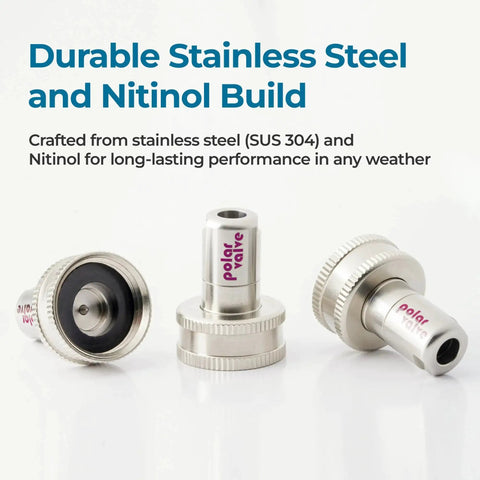 Smart Freeze Protection For Outdoor Faucets With Auto Temperature Control Twin Straight Type Unit Stainless Steel And Nitinol Build Tool Free Installation Winter Ready Water Saving Solution That Stays Flowing When Temps Drop By Polar Valve displayed at different angles.