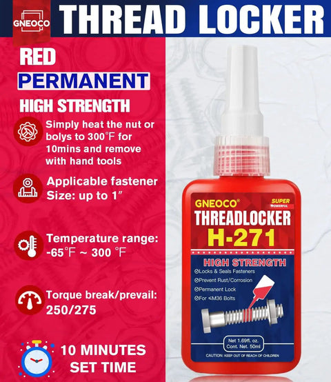 Heavy Duty Red Thread Locker For Nuts Bolts And Metal Fasteners, High Strength Lock Tight Adhesive That Prevents Loosening And Rust, Anaerobic Cure For Quick Bond, Easy 20 Minute Initial Cure, Long Lasting Protection, 50ml H271 bottle with information