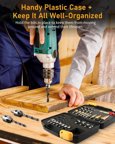 34 Piece Woodworking Drill Bit Set With Countersink Bits Counter Sink Bits Plug Cutters Three Step Drill Bits And Drill Stop Collars In Durable High Speed Steel Case for organized pro grade jobs displayed in case.