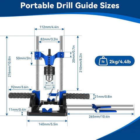 Diagram of All Metal Adjustable Drill Guide With Multi Angle Capability From Zero To Sixty Degrees For Straight Holes, Drill Press Adapter For Hand Drills, Includes One Half Inch Chuck, Key, Guide Rod, Precision Drilling Jig In Durable Blue showing size and dimensions.