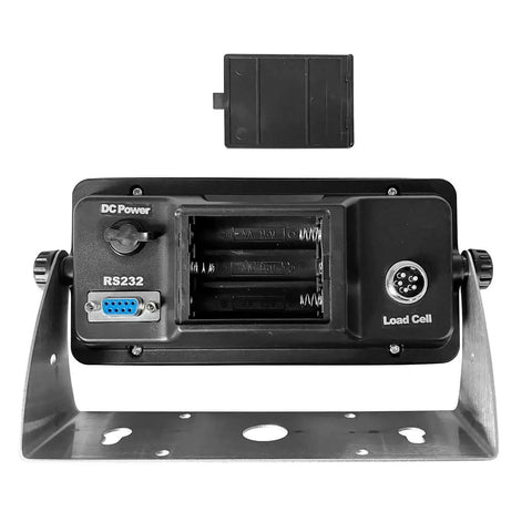 Back view of 6-Digit 0.7 Inch LCD Display Weighing Scale Load Cell Indicator Digital Readout With RS232 Port And 5-Pin Connector Replacement For OP-902 Dual Power From AA Batteries Or External Power Supply, showing battery compartment, RS232 port, and 5-pin connector.