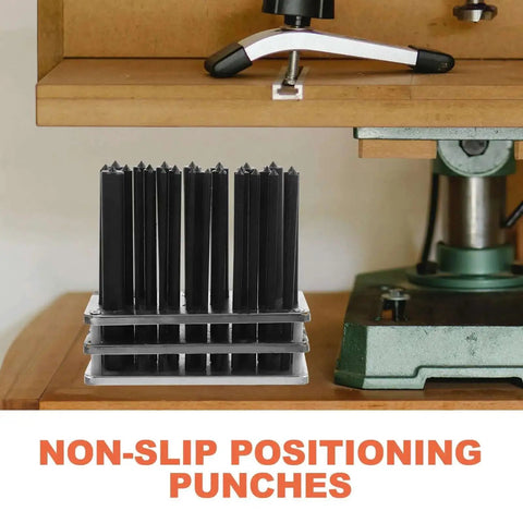 28 Piece Cylindrical Steel Punch Set With Positioning Punches for machine tool maintenance and DIY tasks, shown on shelf.