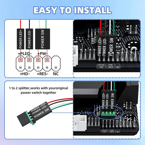 Diagram of External Desktop PC Power Button With 118-Inch Cable And LED Indicator showing connectors and motherboard placement.