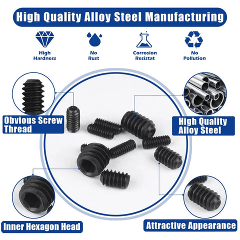 1000 Piece Set Screw Assortment Kit With Metric And SAE Internal Hex Drive Cup Point Grub Screws 12 9 Grade Alloy Steel M3 To M8 And One Eighth To Five Sixteenth Inch Sizes Cup Point Fasteners For Secure Slippage Resistant Installations