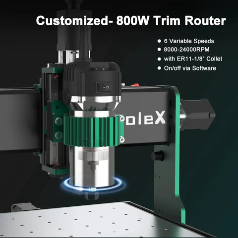 CNC Router Machine 3030 Evo Max With All Metal XYZ Axis And Dual Steel Linear Guides Built For Cutting Aluminum Brass Stainless Steel Wood Acrylic MDF And Plastics Beefy 800W Trim Router And Upgradeable 1.5 Kilowatt Spindle in close-up view with 800W trim router