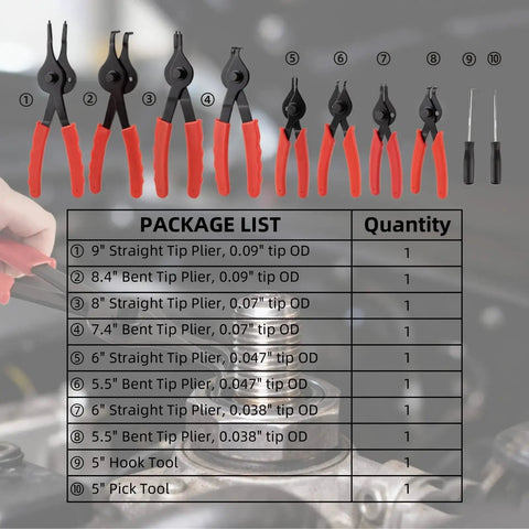 10 Piece Snap Ring Pliers Set Heavy Duty Internal And External Circlip Pliers Kit with straight and bent tips, hooks, and picks.