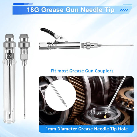 Grease Gun Fittings Accessory Kit by Amazon: 90-degree coupler, needle dispenser, 2 needle tips, 12in hose, zerk cleaner