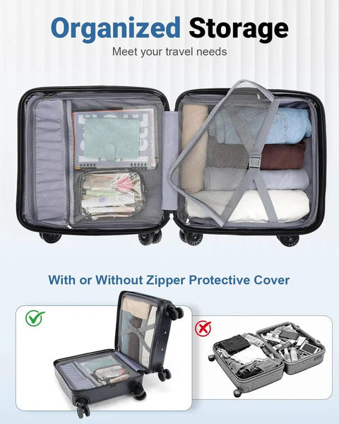 Open Compact 16 Inch Carry On Luggage With Front Laptop Pocket And TSA Lock With Wheels, showcasing organized storage inside.