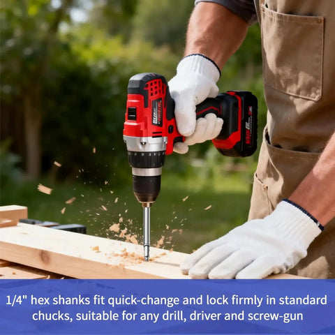 Red cordless drill with a metal drill bit drilling a wooden beam outdoors; gloved hands.