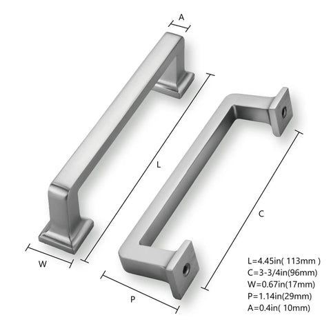 Two Brushed Satin Nickel Cabinet Pulls with measurements. Features 20 Pack, 3-3/4 Inch Hole Centers, 4.45 Inch Length, 0.4 Inch Width, 1.14 Inch Projection.