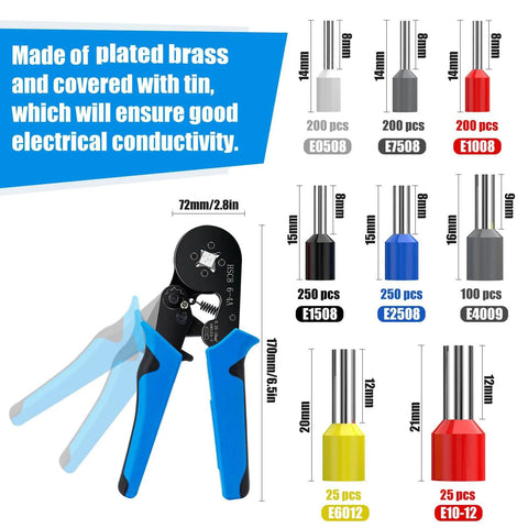 Ferrule Crimping Tool Kit With 1250Pcs Wire Ferrules, Self Adjusting Ratchet Crimpers For AWG 23-7 And 0.25-10mm2 Cable Terminals