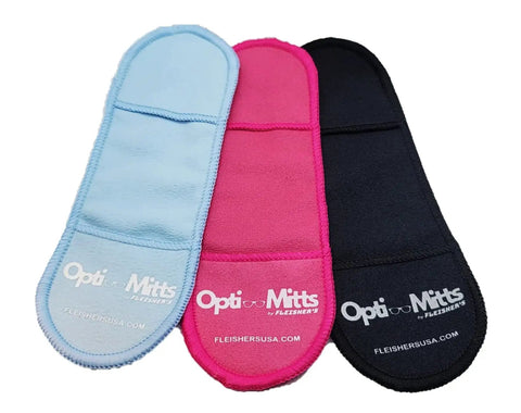 Opti Mitts Mitt Shaped Microfiber Eyeglass Cleaning Cloth 3 Pack Anti Scratch in blue, pink, and black