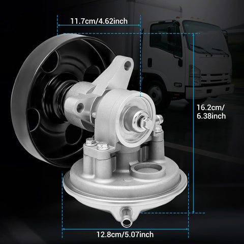 Keriolee 904-862 vacuum pump with pulley, silver aluminum body, compatible with Isuzu NPR/NPR-HD