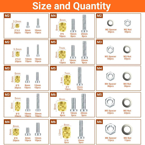 Chart showing sizes and quantities of Heat Set Threaded Inserts Kit With 716 Pieces Including M2 M3 M4 M5 M6 Inserts, Nuts, Bolts, Washers