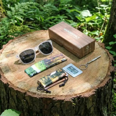 Unisex Wooden Polarized Sunglasses With Maple Wood Temples, white and maple color, on a tree stump with accessories.