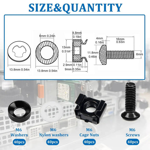 40 Sets M6 Rack Mount Hardware Kit With Cage Nuts, Screws, Nylon Lock Washers, Washers for Server Racks, Cabinets