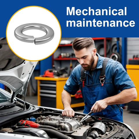 M6 stainless steel spring lock washer; inset washer image; mechanic in blue overalls works on a car engine.