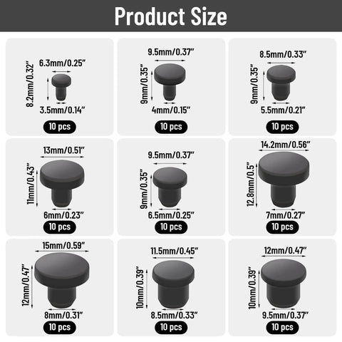 Chart showing sizes of 90 Pcs Silicone Rubber Hole Plugs Set With 9 Diameter Sizes 3.5mm to 9.5mm for various applications.