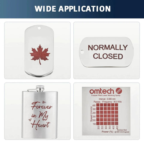 Engraved items using Red Laser Marking Spray For CO2 And Fiber Lasers 8oz High Contrast Permanent Marks On Bare Stainless Steel With 25W Plus Engravers Ideal For Precise Laser Engraving On Metal And Stainless Steel Projects