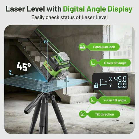 Close-up of 360 Degree Laser Level With LCD Screen Self Leveling For DIY Pros And Picture Hanging 4D Laser Leveler Tool by Huepar