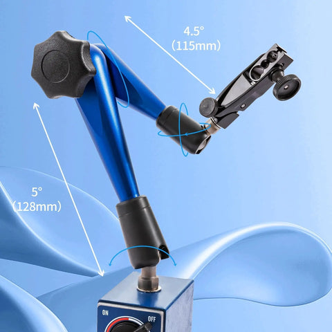 Industrial Strength Magnetic Base Indicator Holder With Fine Adjustment For Lathes And Mills, Heavy Duty Dial Gage Holder With Swivel Clamp, 176lb Pull, A Must Have For Shop Pros And Precise Setup By Dasqua, showing adjustable arm with measurement markings