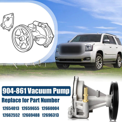 904-861 vacuum pump for GM SUVs; side view showing pulley and brass port on metal body