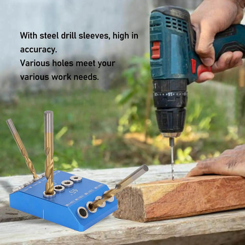 Pro Grade Multi Angle Drill Guide Jig For Precise 30 45 90 Degree Holes in use with power drill on wood.