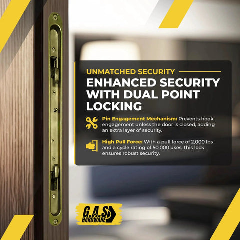 12.5 Inch Dual Point Double Hook Sliding Glass Door Mortise Lock With 3/8 Inch Recessed Plate And 12 Inch Hole Spacing For Offset And Center Latch Position In Alloy Steel For Enhanced Security And Durable Repair Door Hardware mounted on door