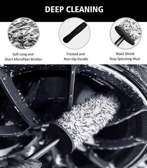 Close-up of microfiber rim brush from 4 Piece Car Wheel Cleaning Kit With 360 Degree Bendable Wheel Brush and other tools for deep clean
