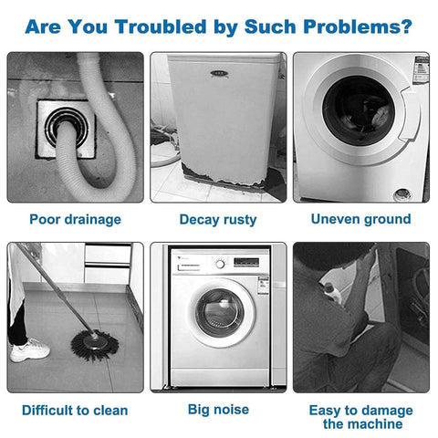 Image showing problems related to washing machines, including drainage issues, rust, uneven ground, and noise.