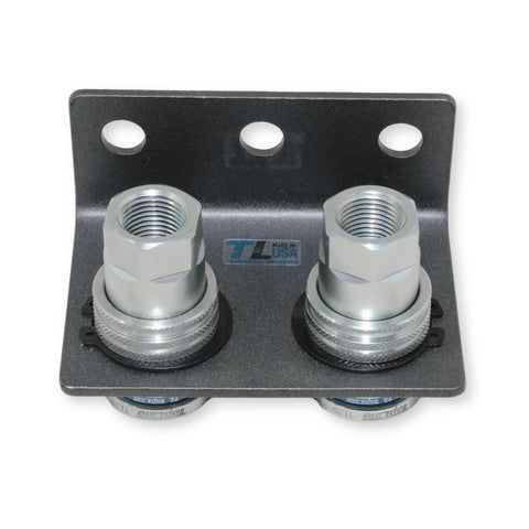 TL USA dual 1/2 in NPT agricultural hydraulic quick-connect couplers on a mounting bracket for skid-steer attachments