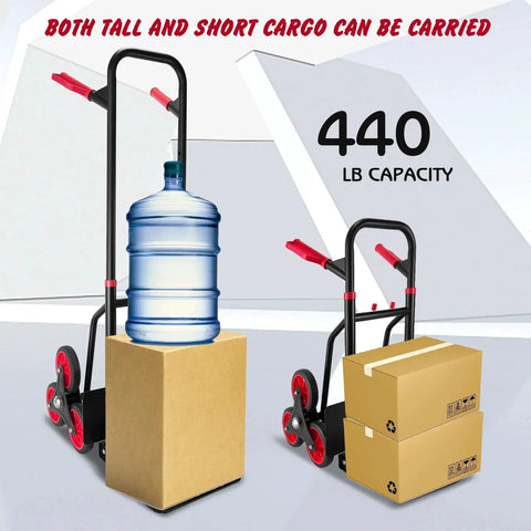 Stair Climber Hand Truck Dolly with Telescoping Handle Heavy Duty 440 Lb Capacity 3 Wheel Folding Design, carrying a box and water bottle.