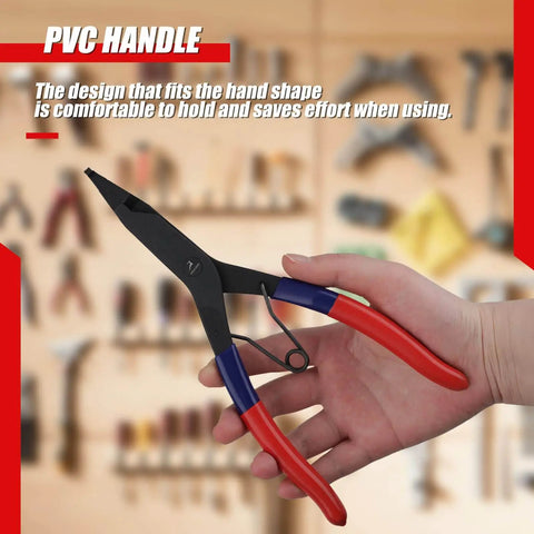 Hand holding 9 Inch Spring Loaded Angle Tip Locking Pliers For Retaining Rings Circlip Horseshoe Washers