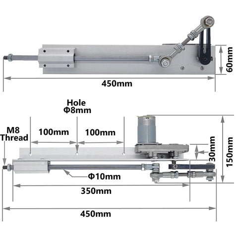 Side view of Beefed Up Torque JQDML Upgraded Version Reciprocating Linear Actuator with dimensions and 24V DC motor.