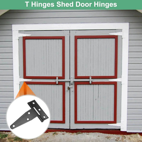 4 Pack Iron T Strap Shed Door Hinges 3 Inch Barn Gate Hinges Tee Hinge Wrought Hardware with Screws Installed on Shed Door