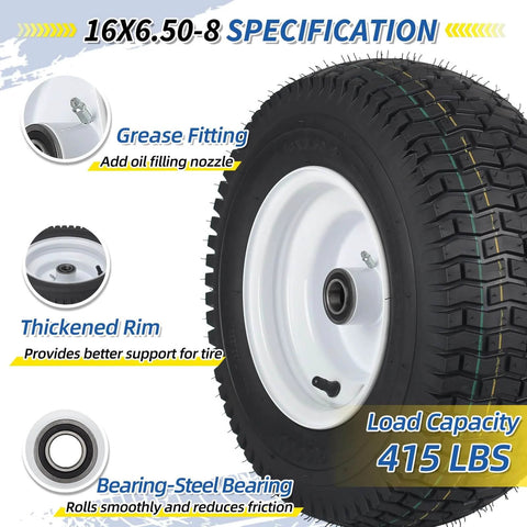 16x6.50-8 Tubeless Lawn Mower Tire And Wheel Set With 1 Inch Bearing And 4 Inch Centered Hub
