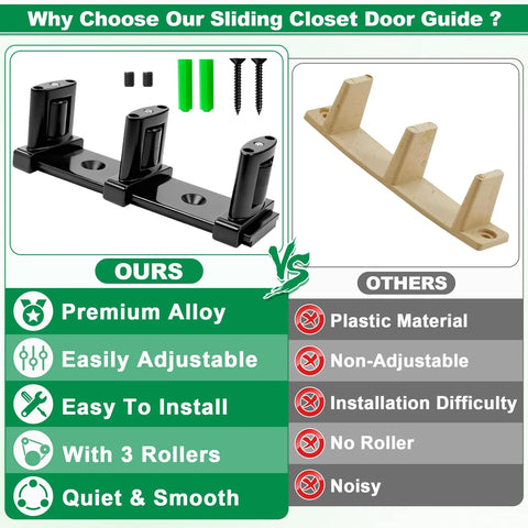 Three Roller Adjustable Sliding Closet Door Floor Guide Kit Black No-Squeak Glide For Bypass Double Bypass And Barn Doors Bottom-Mount Floor Guide With Independent Roller Adjustment For Different Door Thickness, comparison of features with another guide on green and beige background