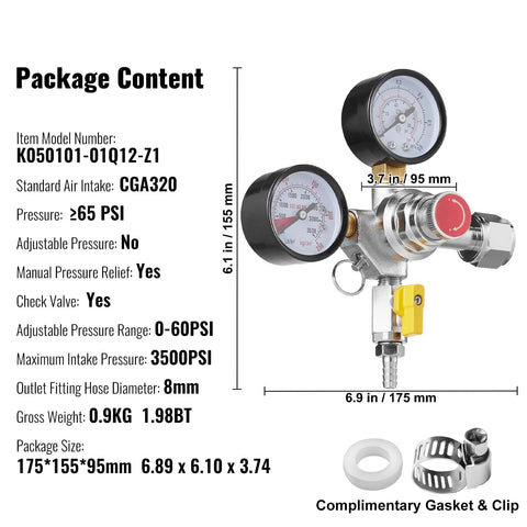 CO2 regulator with dual gauges for draft beer/homebrew, CGA320 inlet, yellow shutoff lever, stainless body